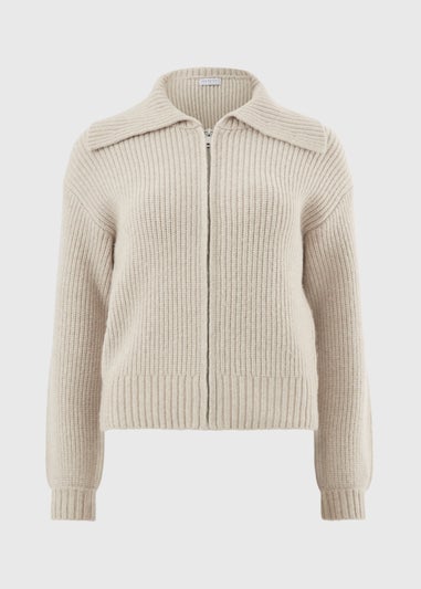 Oatmeal Zip Front Ribbed Cardigan