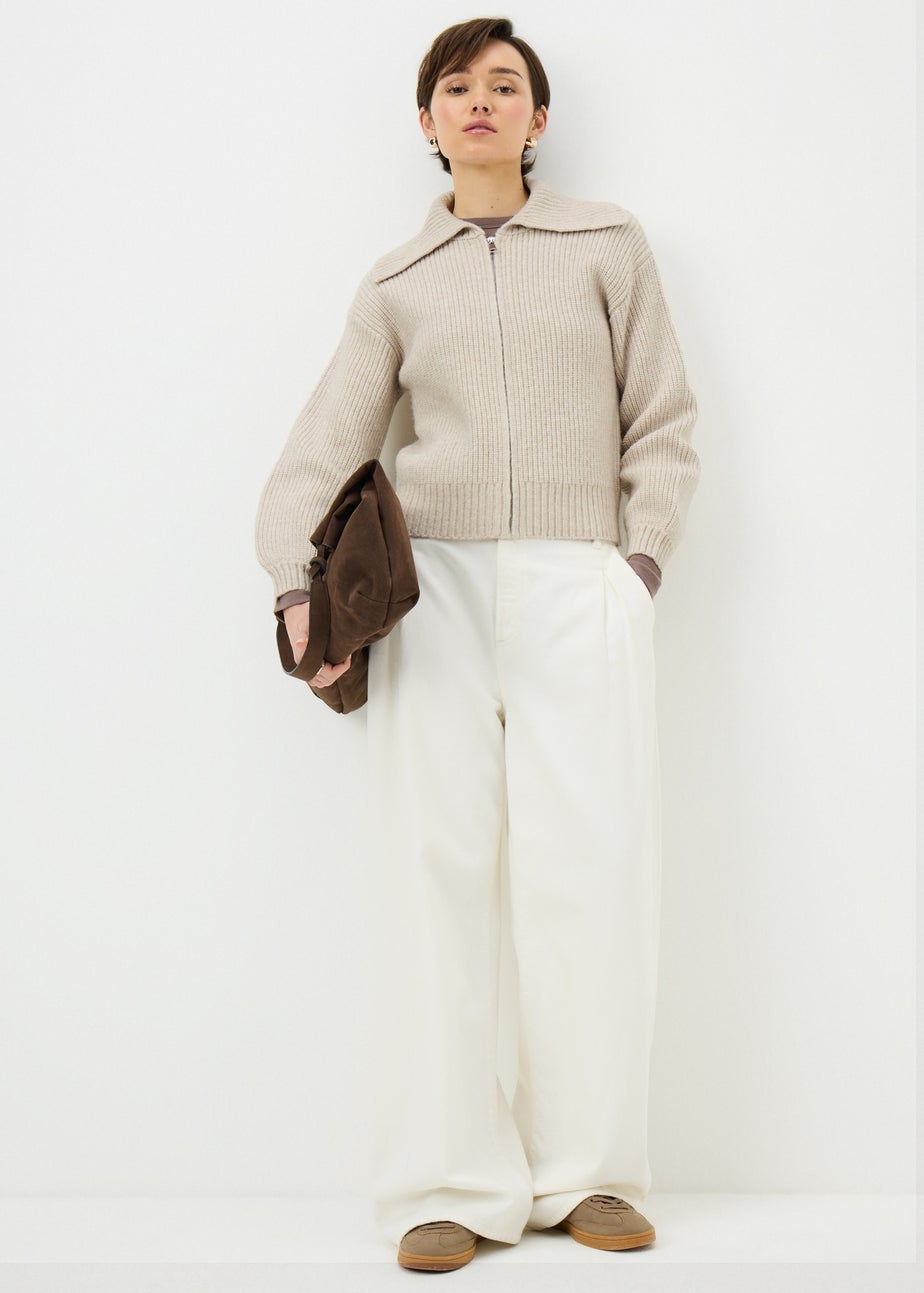 Oatmeal Zip Front Ribbed Cardigan