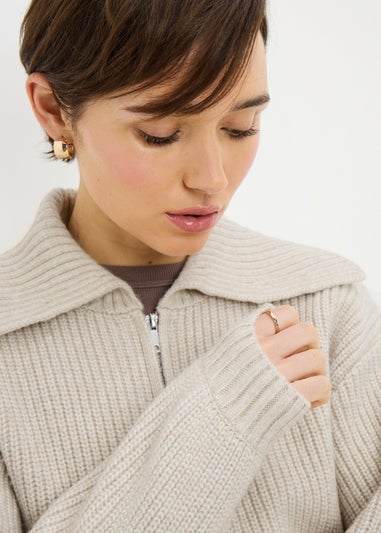 Oatmeal Zip Front Ribbed Cardigan