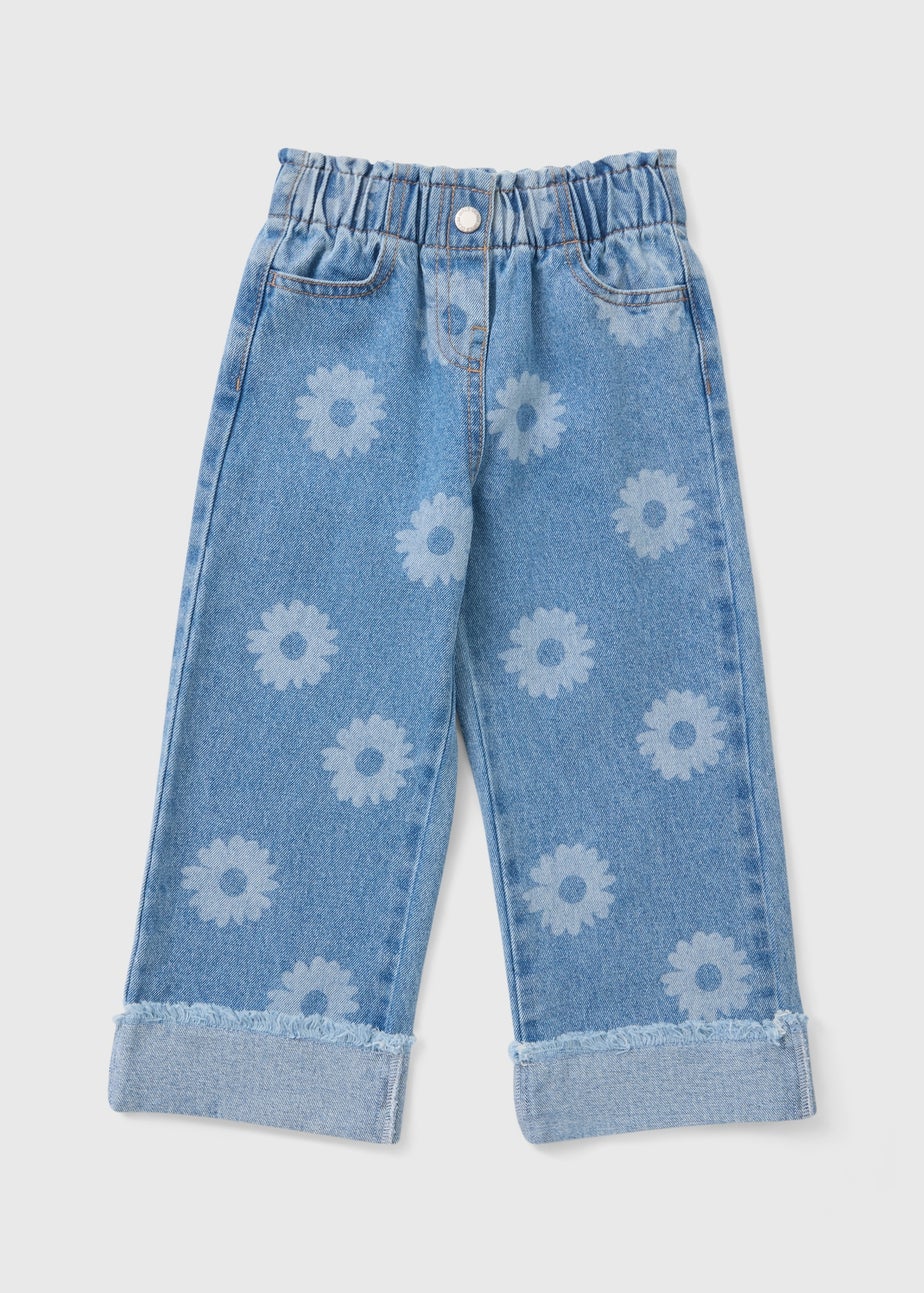 Girls Light Wash Floral Turn Up Jeans (1-7yrs)