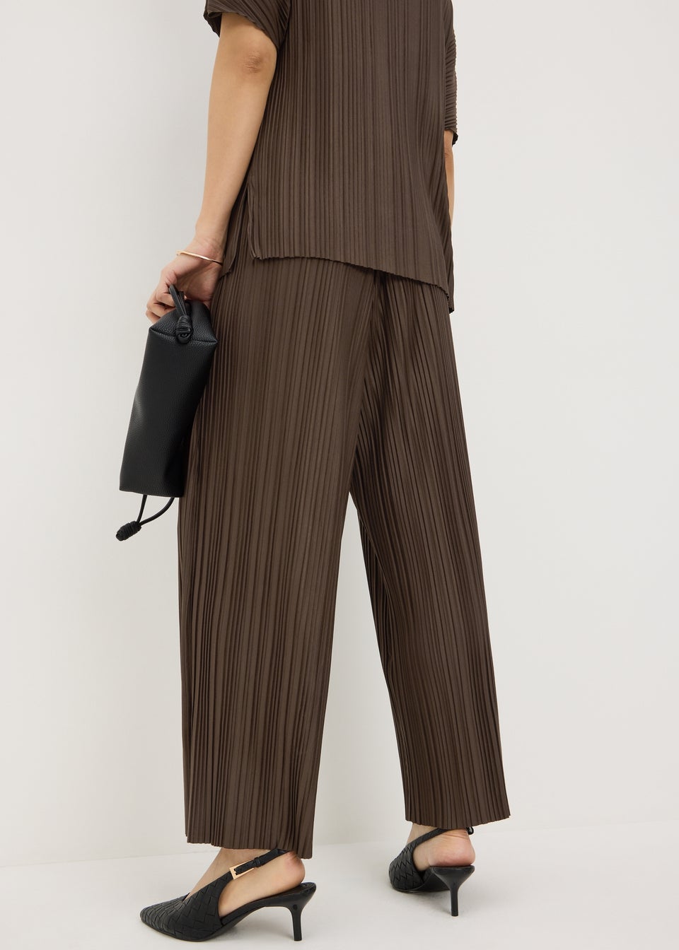 Chocolate Brown Plisse Wide Leg Co Ord Trousers