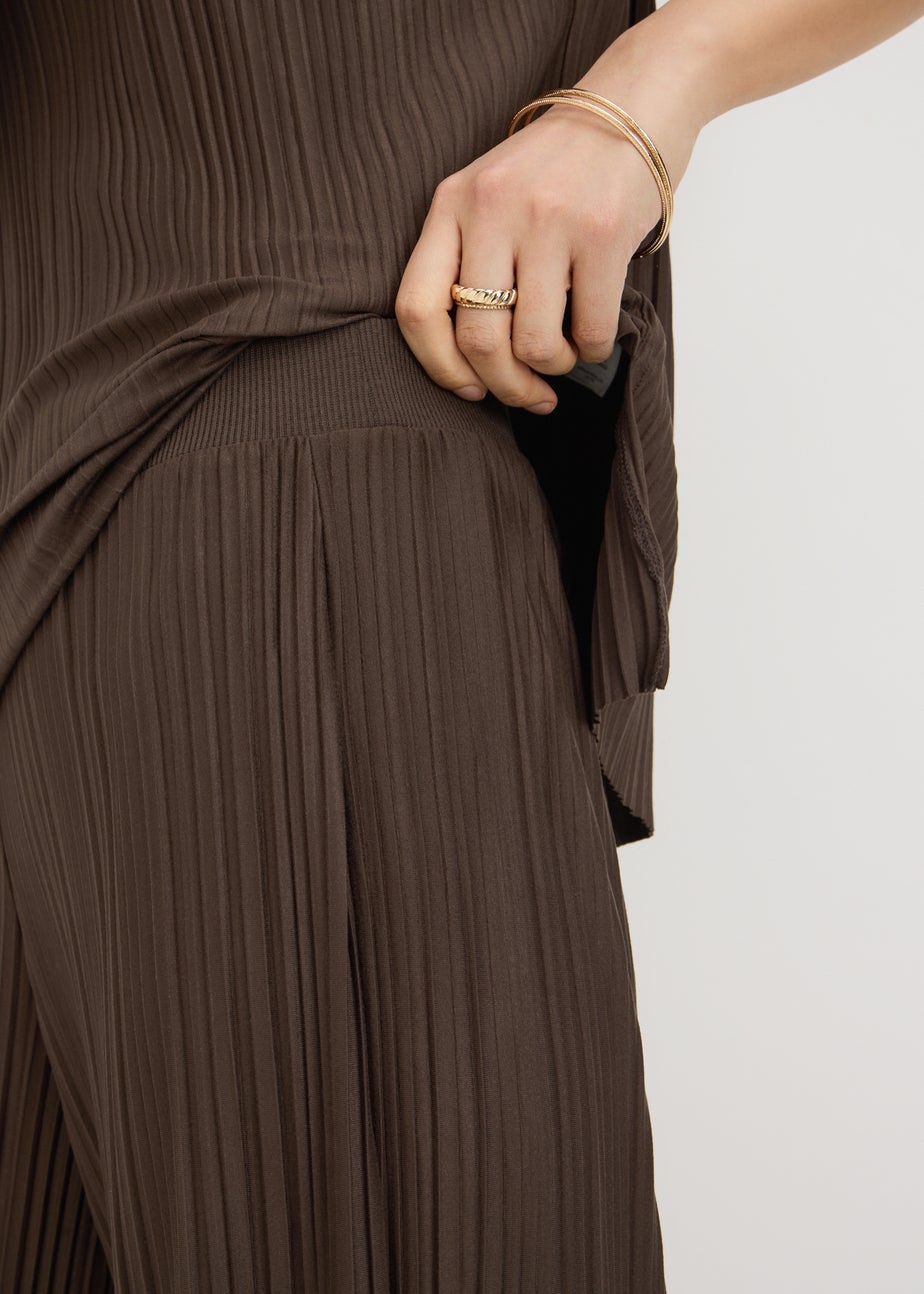 Chocolate Brown Plisse Wide Leg Co Ord Trousers