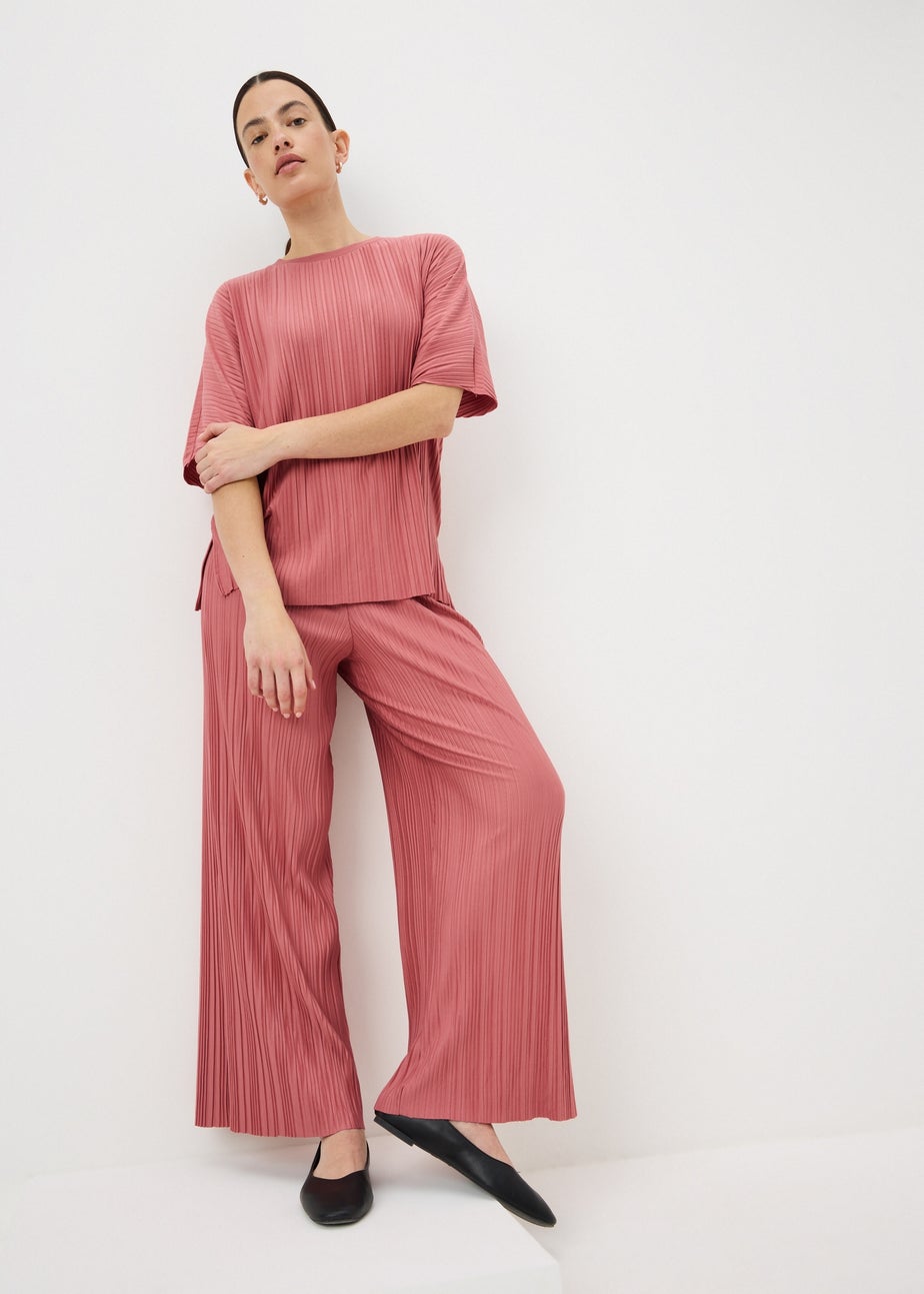 Pink Plisse Wide Leg Co Ord Trousers
