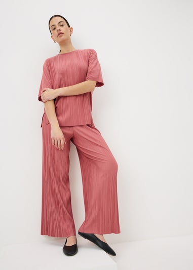 Pink Plisse Wide Leg Co Ord Trousers