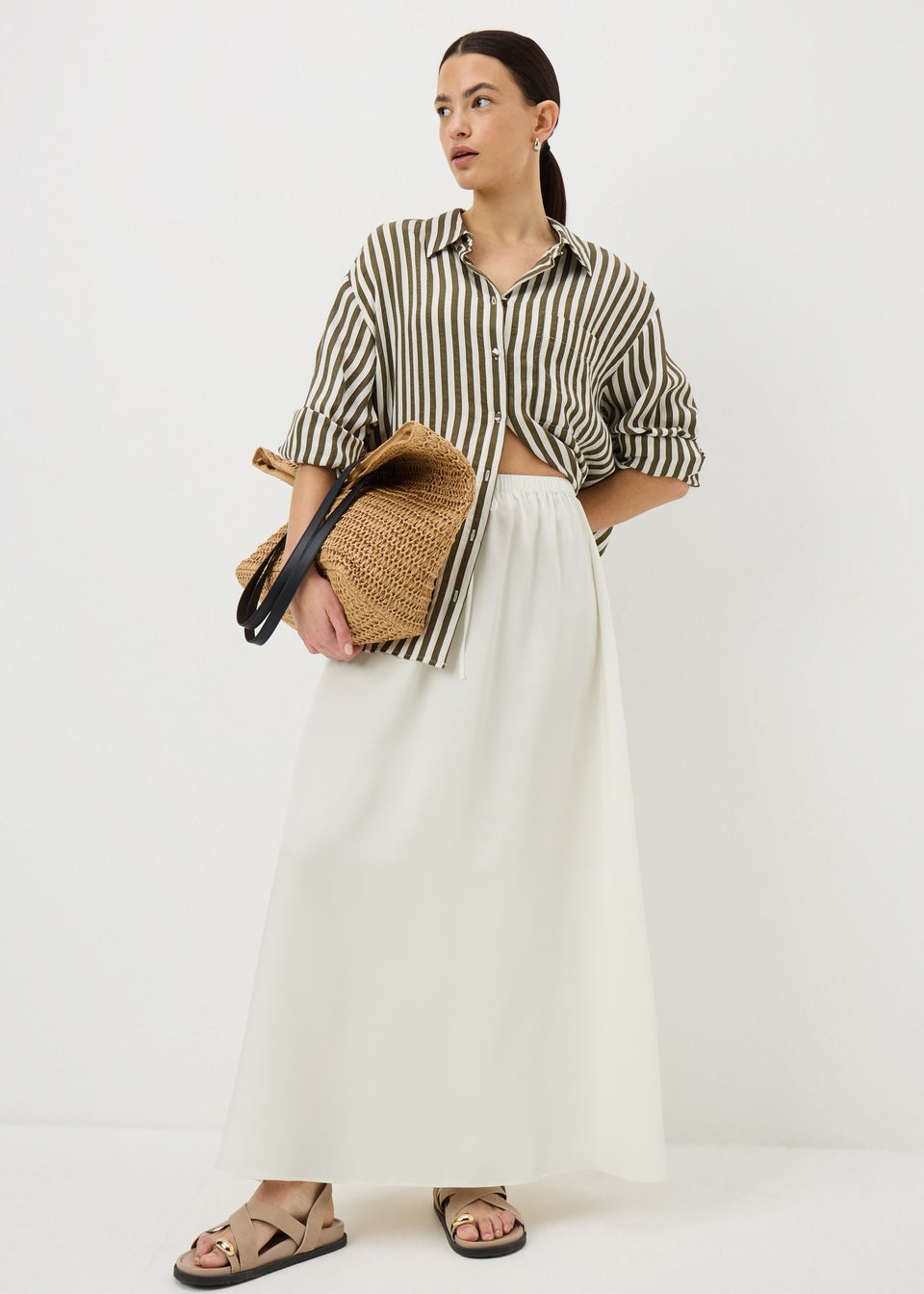 Cream Satin Drawstring Maxi Skirt