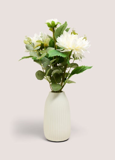White Flowers In Ribbed Pot