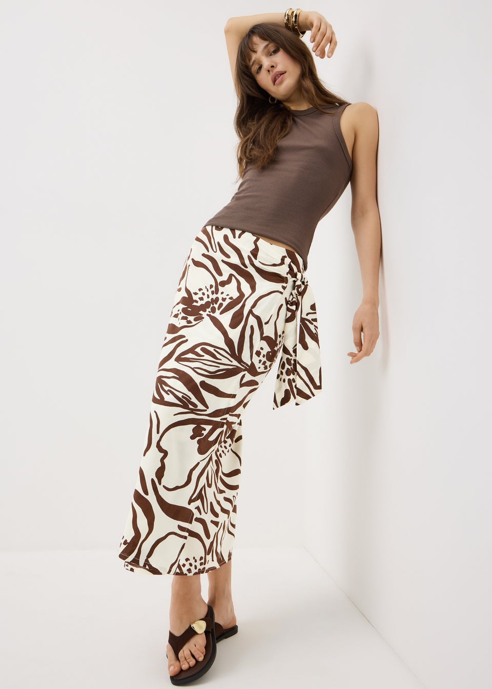 Chocolate Brown Floral Wrap Midaxi Skirt