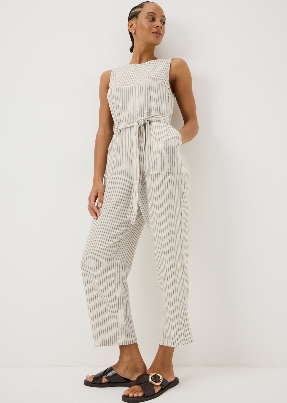 Stone Stripe Linen Belted Jumpsuit