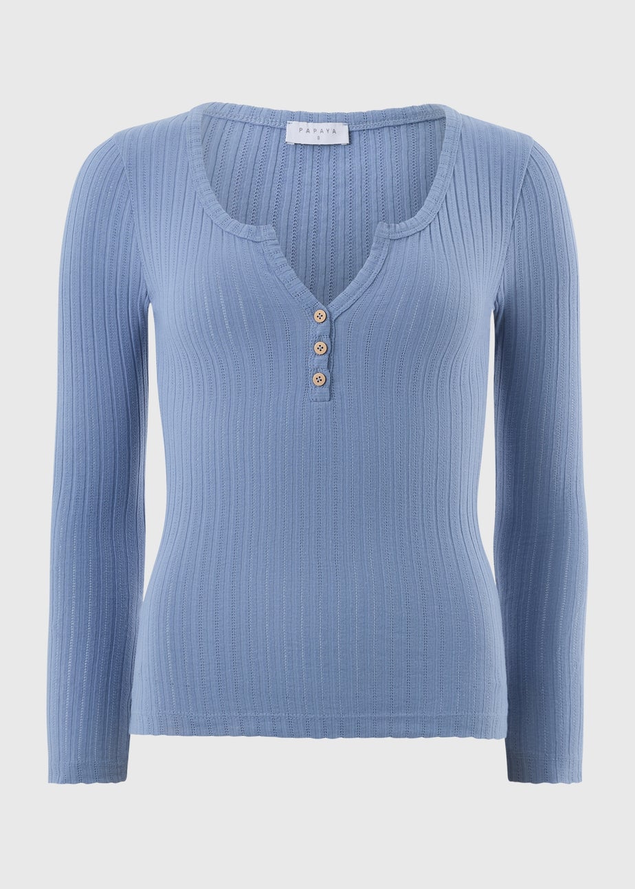 Blue Pointelle Long Sleeve Henley Top