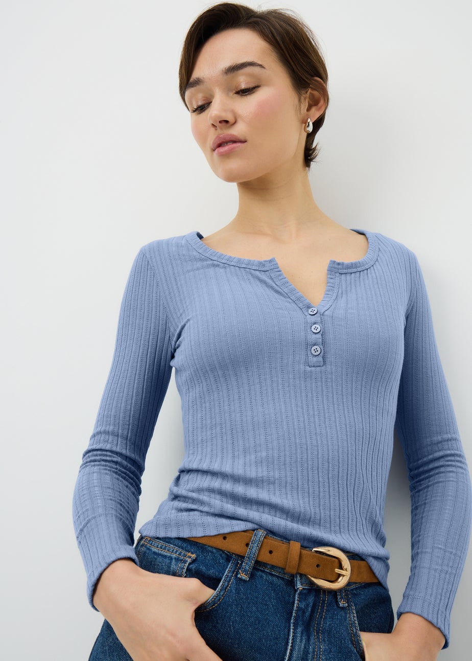 Blue Pointelle Long Sleeve Henley Top