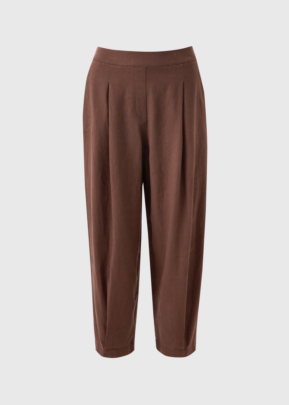 Chocolate Brown Linen High Waist Carrot Leg Trousers
