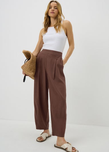 Chocolate Brown Linen High Waist Carrot Leg Trousers