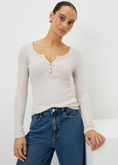 Cream Pointelle Long Sleeve Henley Top