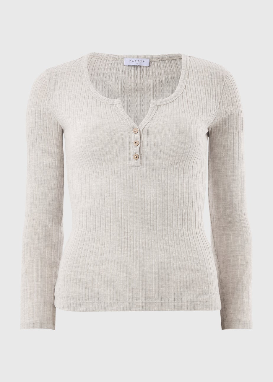 Cream Pointelle Long Sleeve Henley Top