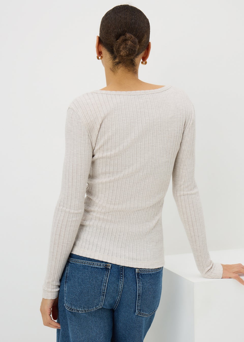 Cream Pointelle Long Sleeve Henley Top