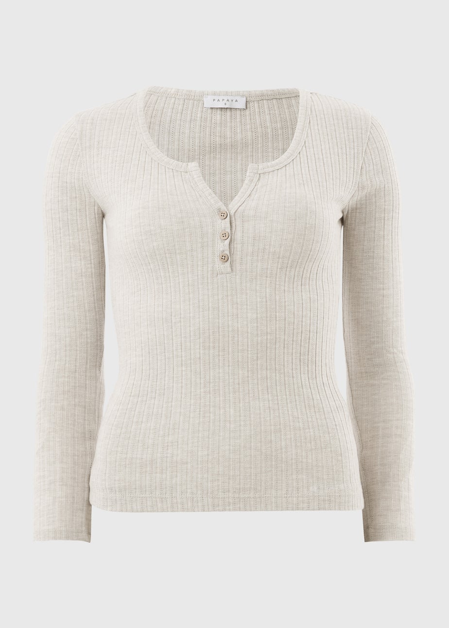Cream Pointelle Long Sleeve Henley Top