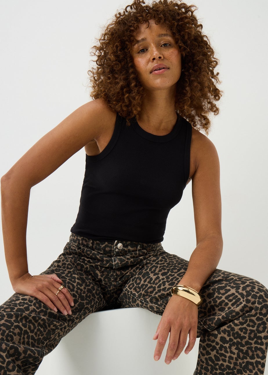 Black High Neck Ribbed Vest Top