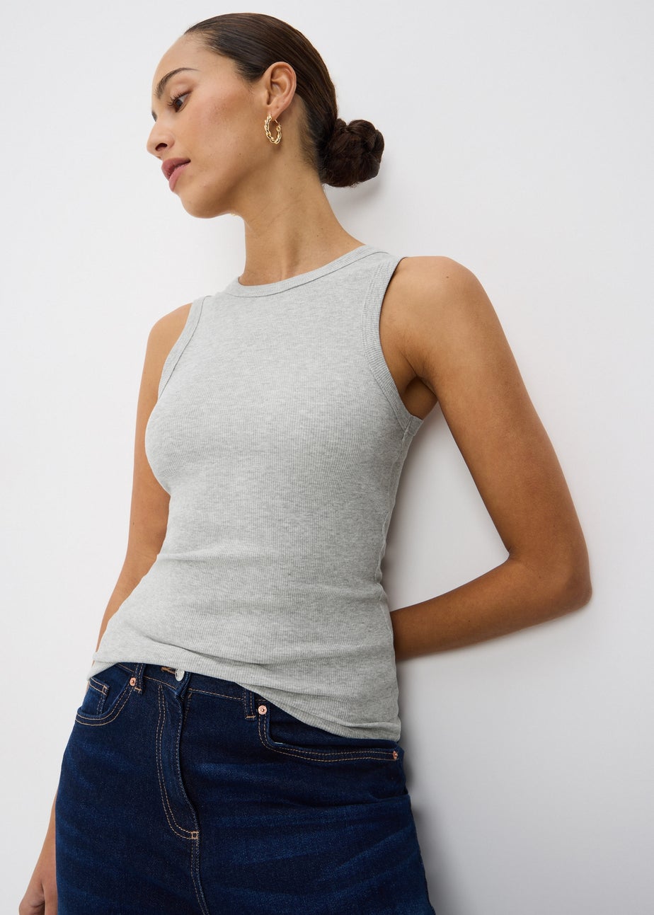 Grey Marl Ribbed High Neck Vest Top