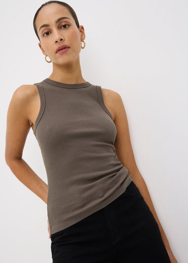 Brown Ribbed High Neck Vest Top