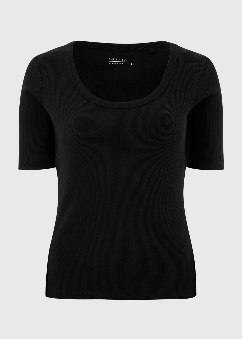 Black Ribbed Scoop Neck T-Shirt
