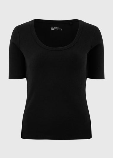 Black Ribbed Scoop Neck T-Shirt