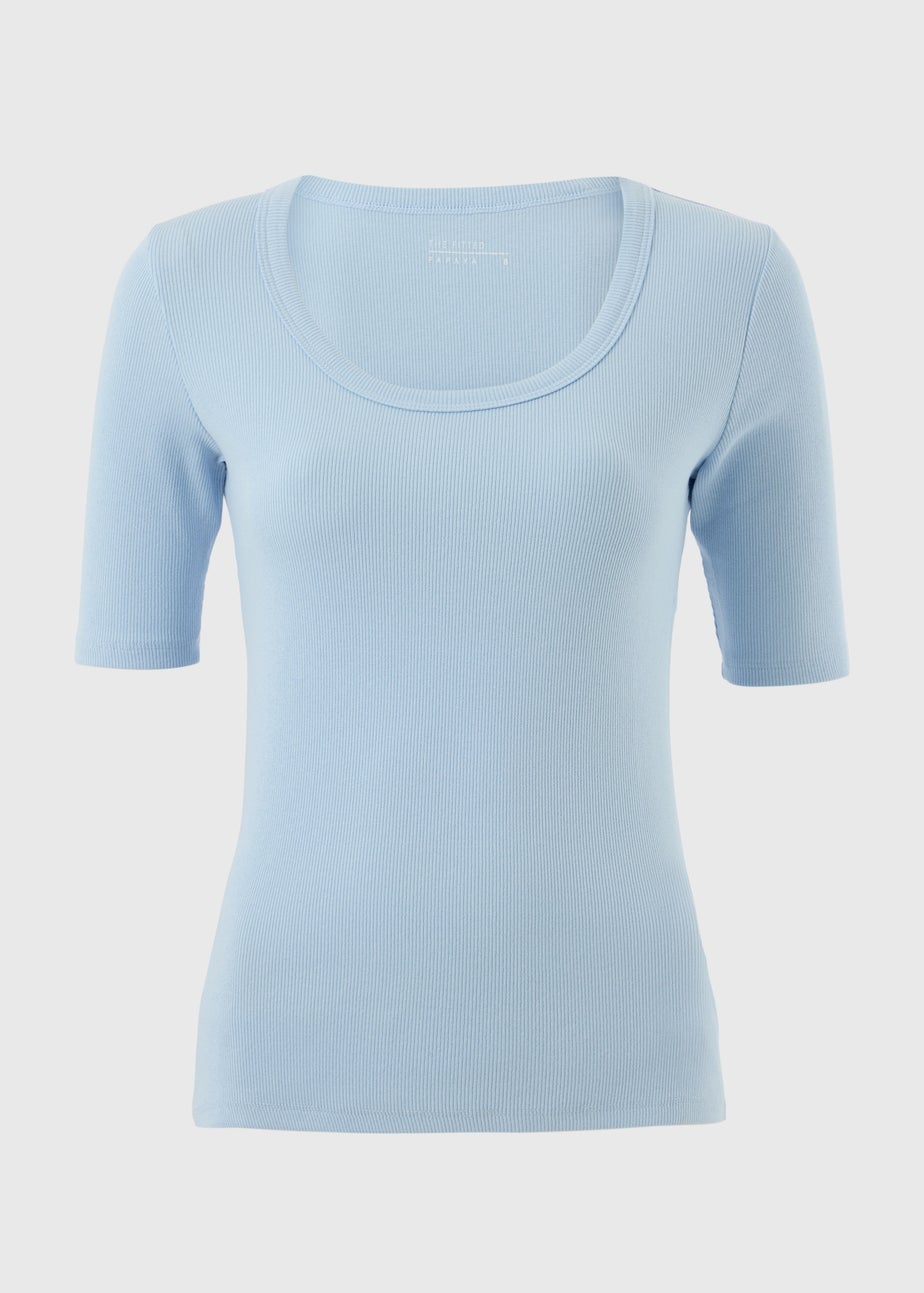 Blue Ribbed Scoop Neck T-Shirt