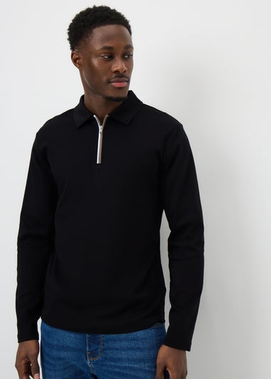 Black Liquid Cotton Long Sleeve Polo Shirt
