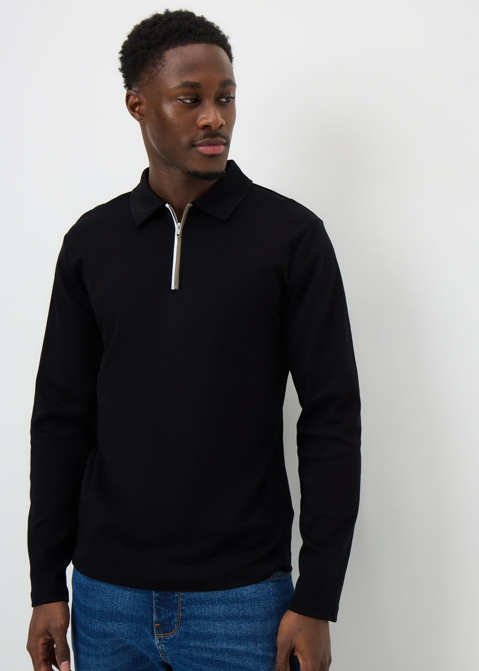 Black Liquid Cotton Long Sleeve Polo Shirt