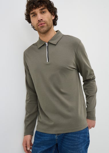 Khaki Liquid Cotton Long Sleeve Polo Shirt