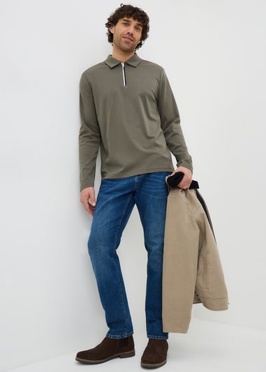 Khaki Liquid Cotton Long Sleeve Polo Shirt