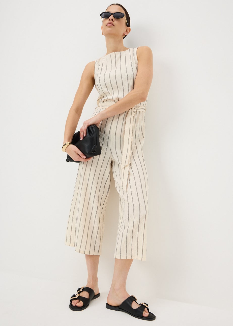 Cream Stripe Belted Culotte Jumpsuit