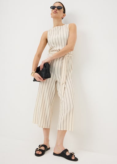 Cream Stripe Belted Culotte Jumpsuit