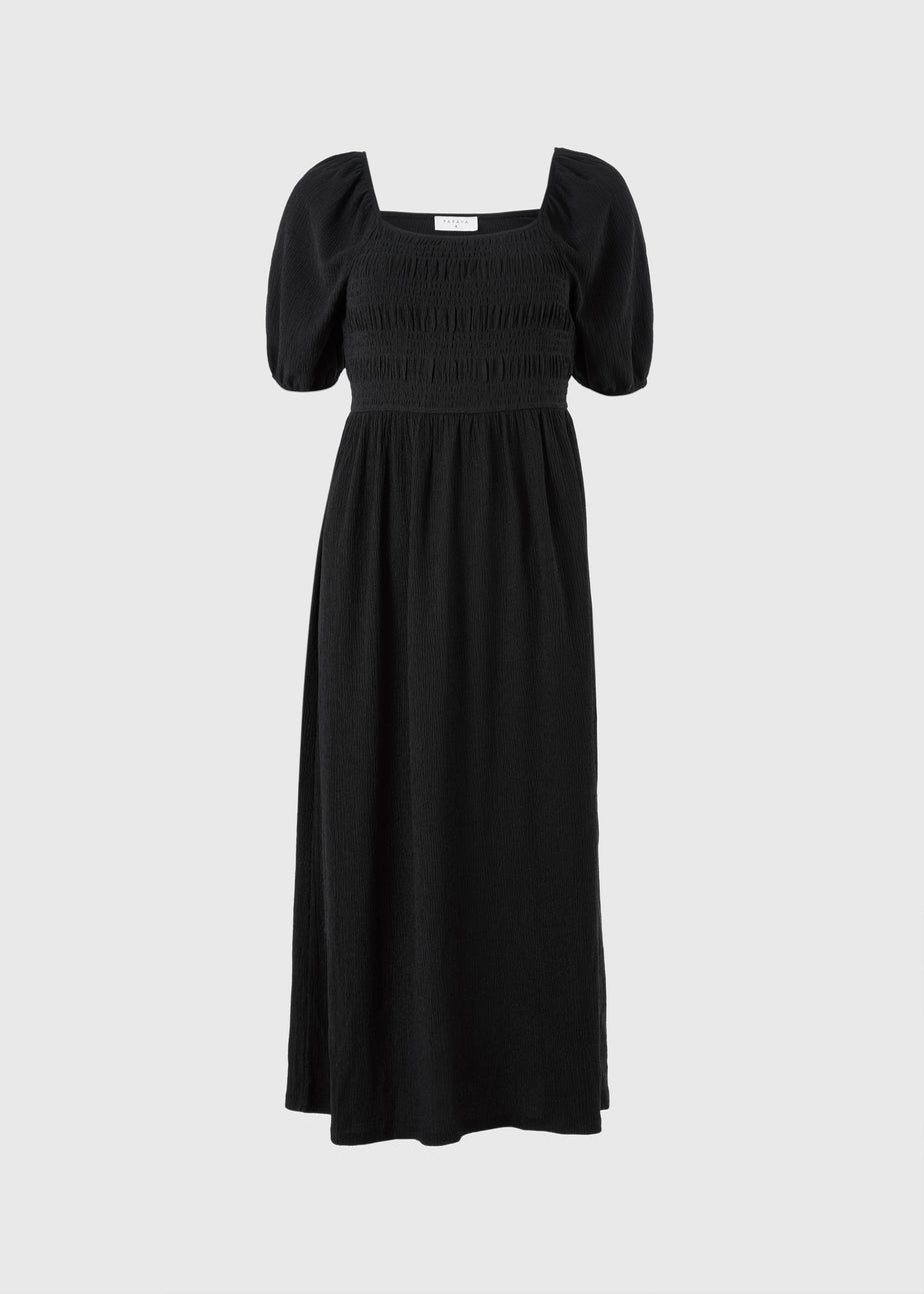 Black Jersey Shirred Midi Dress