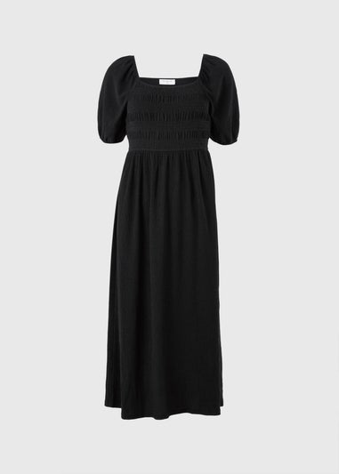 Black Jersey Shirred Midi Dress