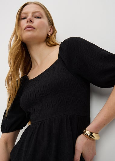 Black Jersey Shirred Midi Dress