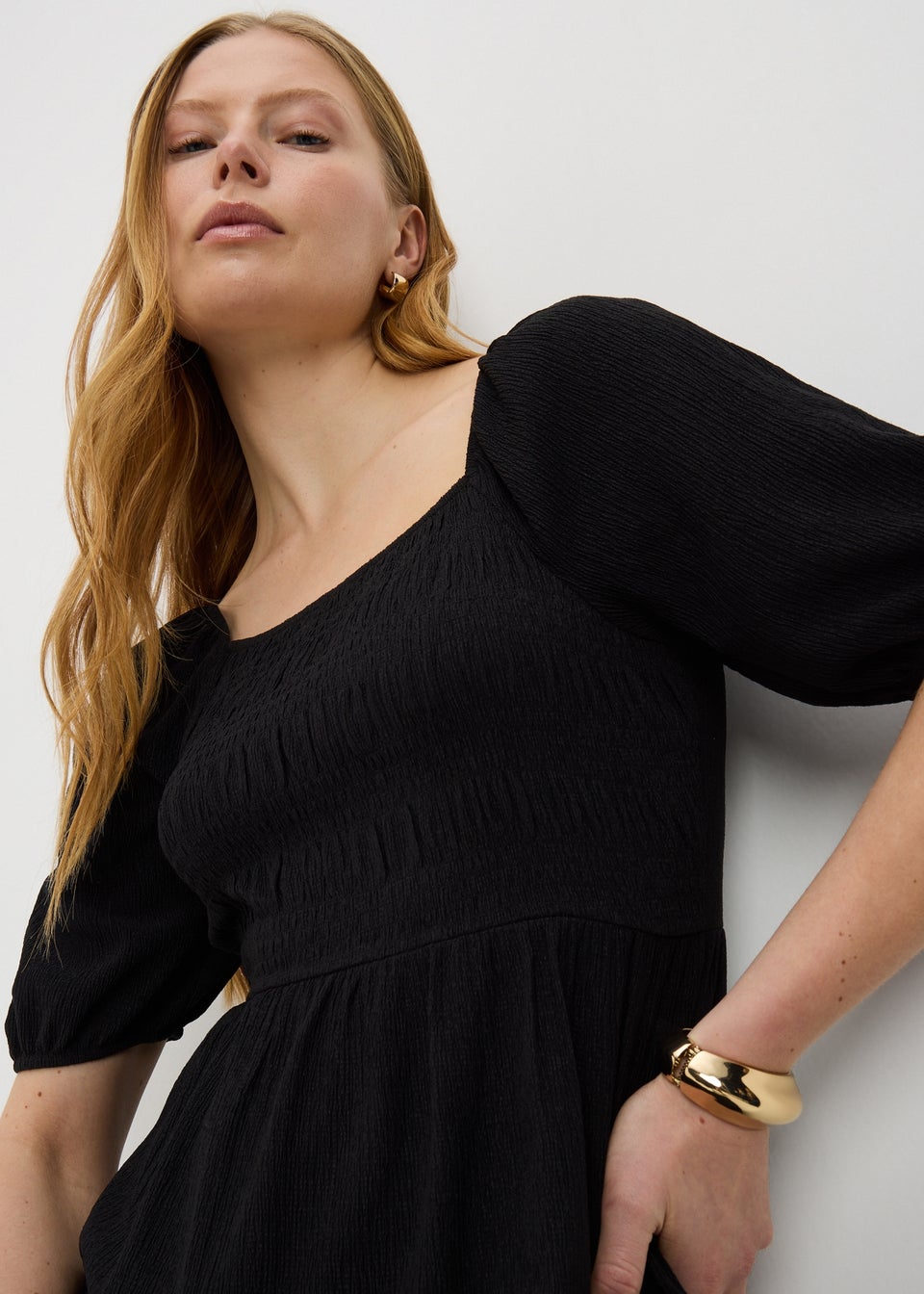 Black Jersey Shirred Midi Dress