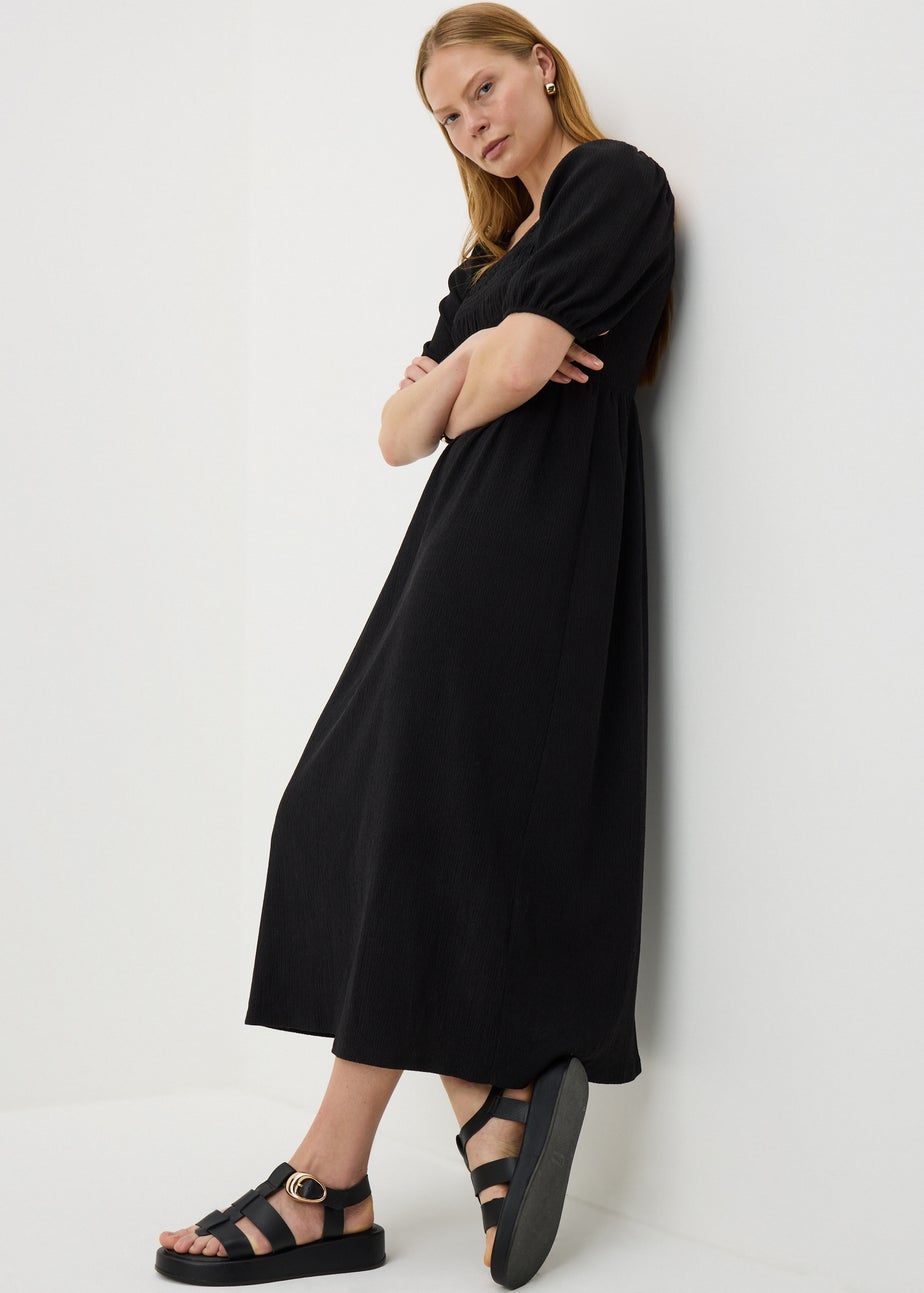 Black Jersey Shirred Midi Dress