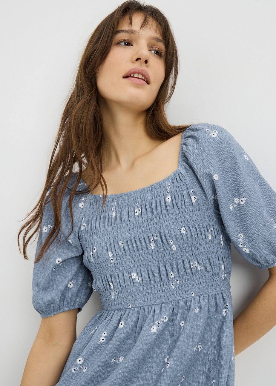 Blue Ditsy Floral Jersey Shirred Midi Dress