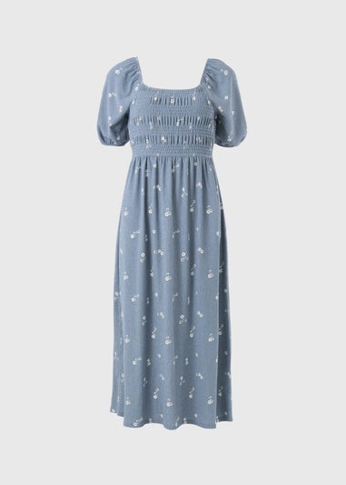 Blue Ditsy Floral Jersey Shirred Midi Dress