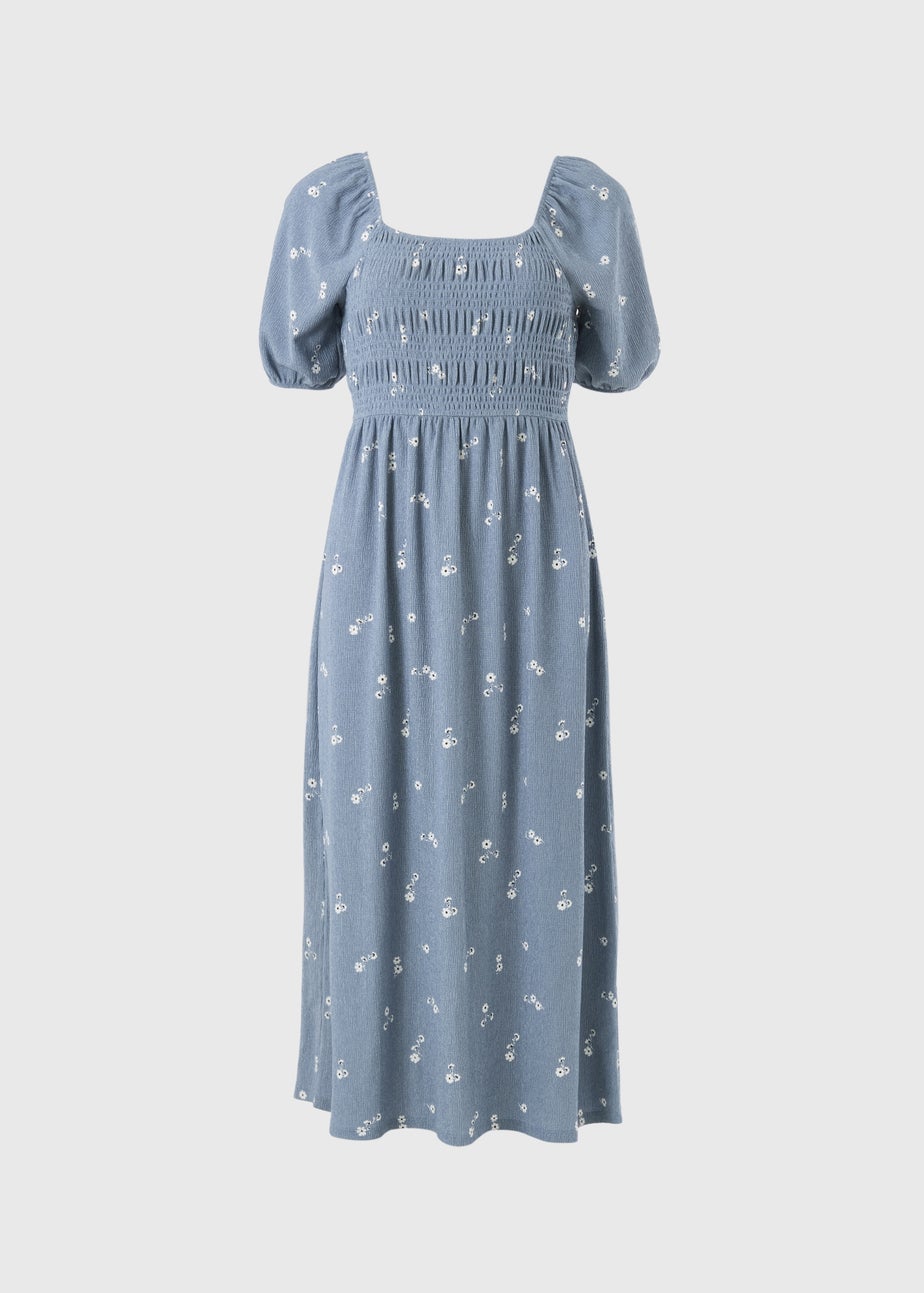 Blue Ditsy Floral Jersey Shirred Midi Dress