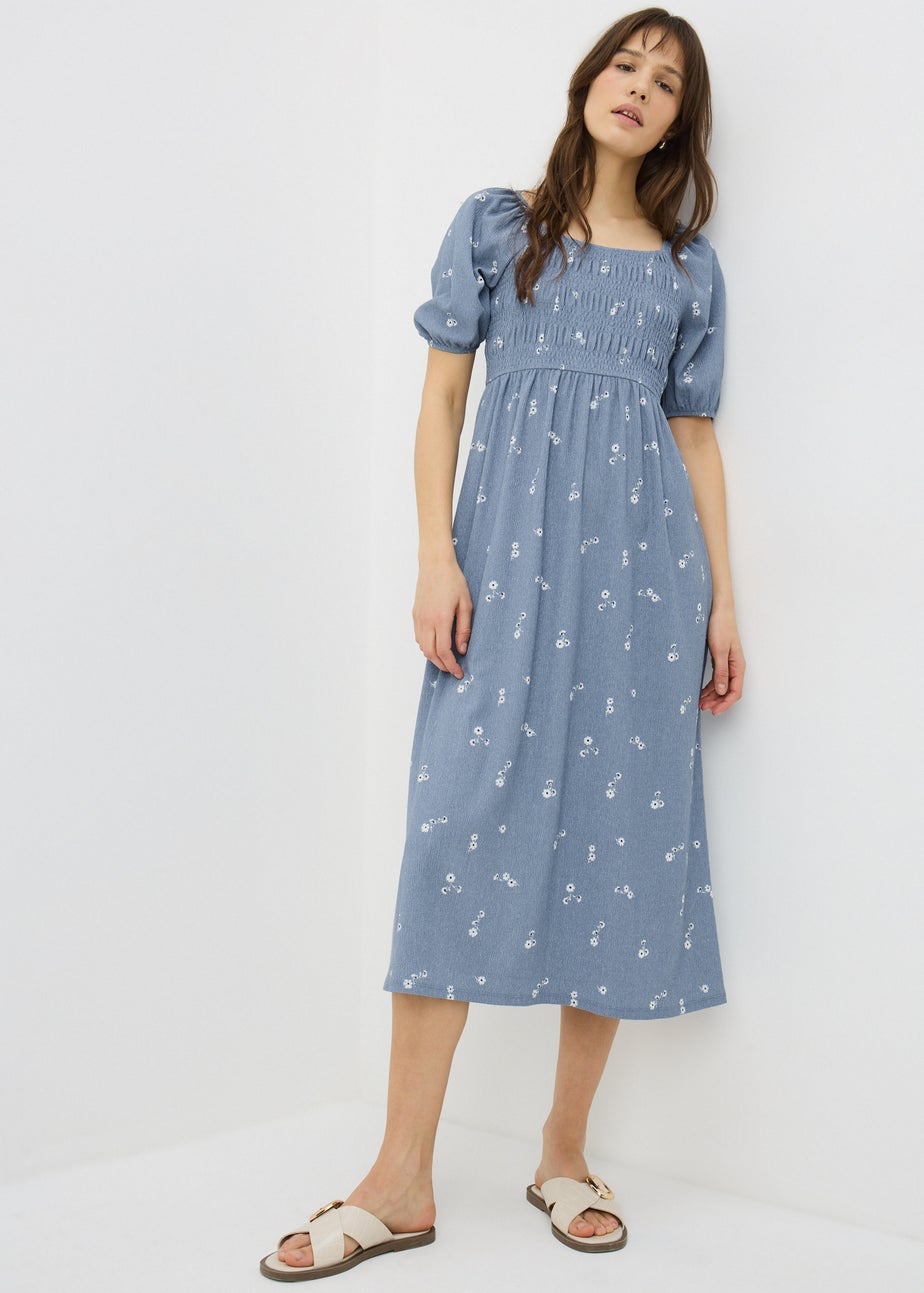 Blue Ditsy Floral Jersey Shirred Midi Dress