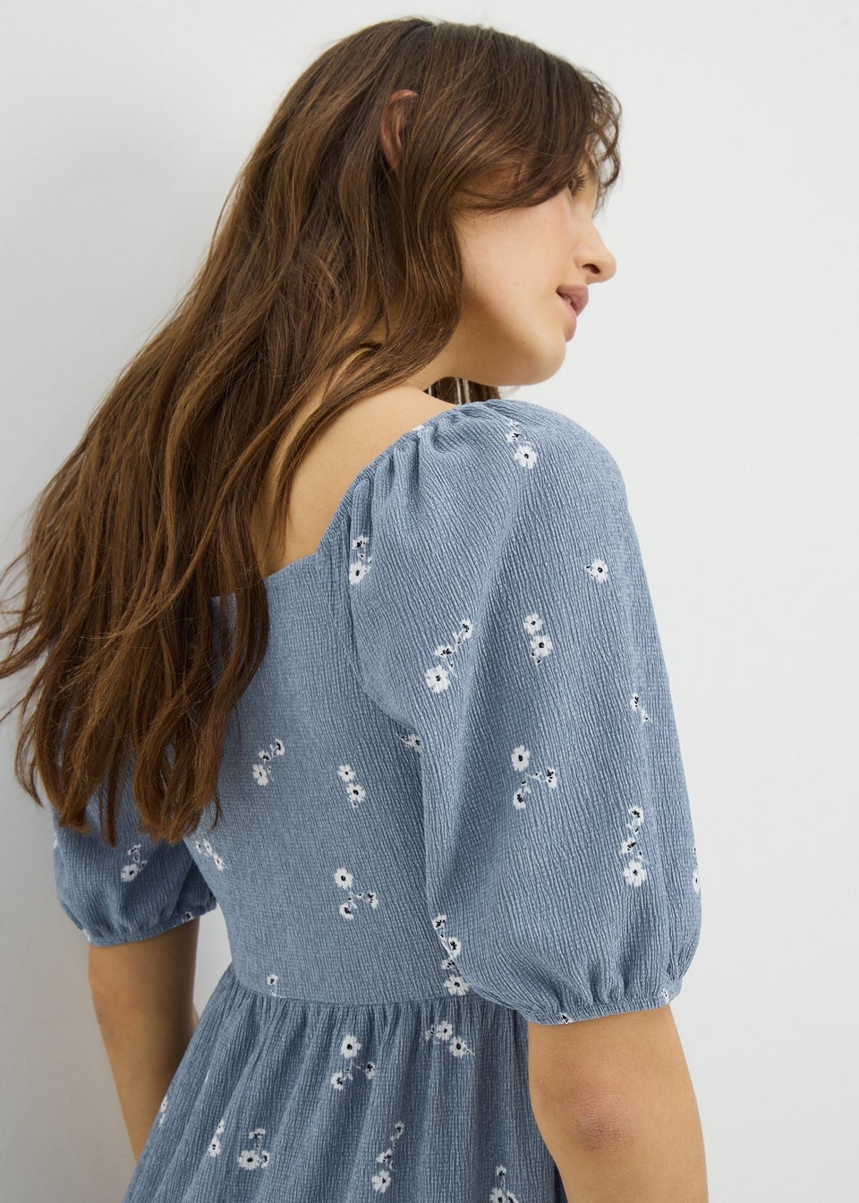 Blue Ditsy Floral Jersey Shirred Midi Dress