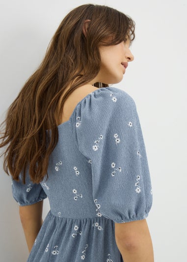 Blue Ditsy Floral Jersey Shirred Midi Dress