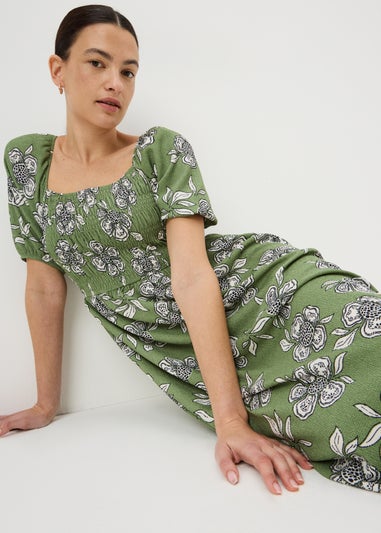 Green Floral Jersey Shirred Midi Dress