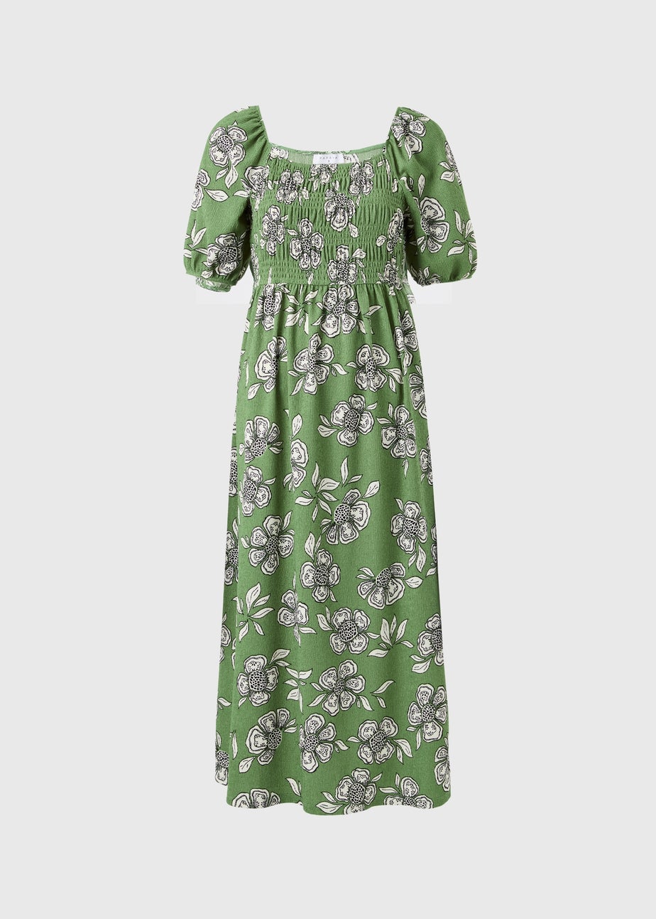Green Floral Jersey Shirred Midi Dress