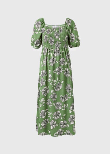 Green Floral Jersey Shirred Midi Dress