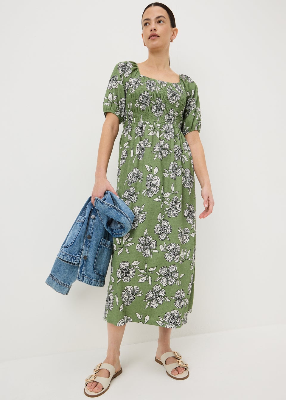 Green Floral Jersey Shirred Midi Dress