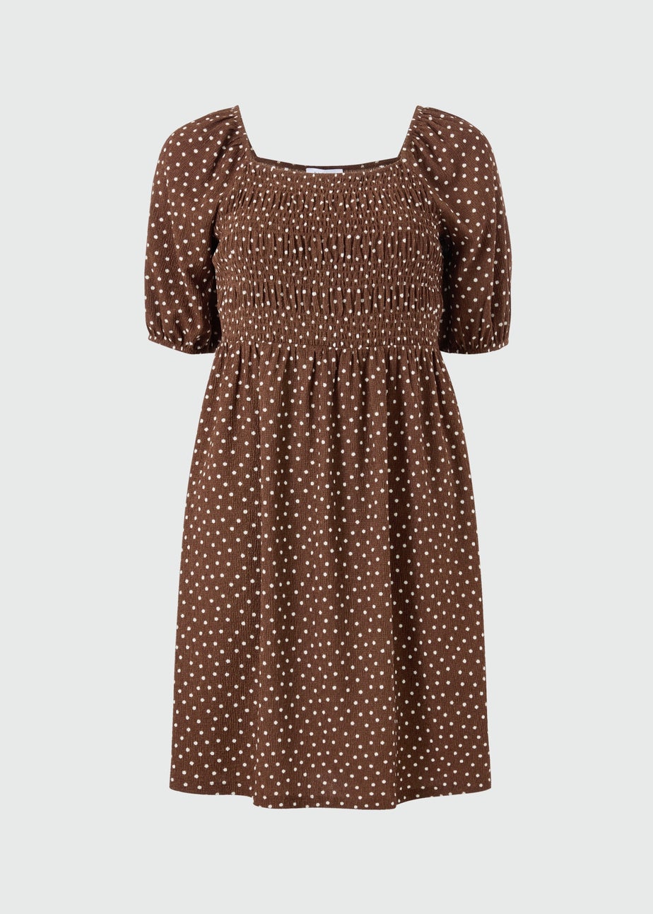 Chocolate Brown Polka Dot Shirred Mini Dress