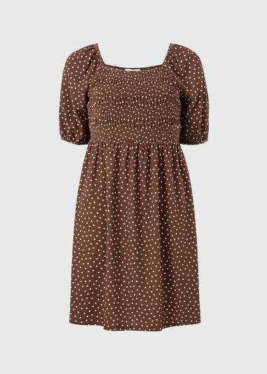 Chocolate Brown Polka Dot Shirred Mini Dress