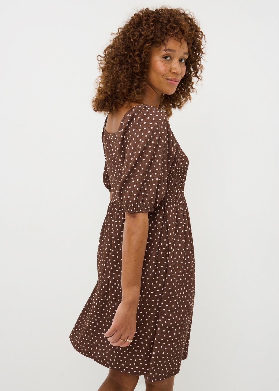 Chocolate Brown Polka Dot Shirred Mini Dress